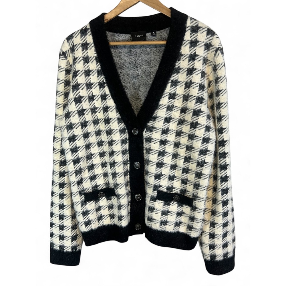 Cyrus Womens Black White Houndstooth Fuzzy Knit Cardigan Sweater Size L
